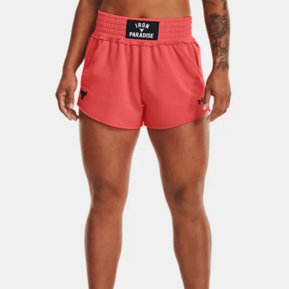 UNDER ARMOUR || “Project Rock” Women Orange Terry Shorts. Sz. L